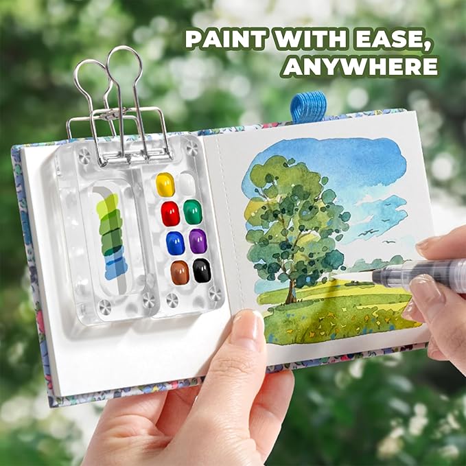 Mini Portable Watercolor Palette Set-Grid Paint Box with Binder Clips Include 24 Colors Paint - Brush*3 and Picture Album Art Materials Coloring Markers (Blue Acrylic-L)