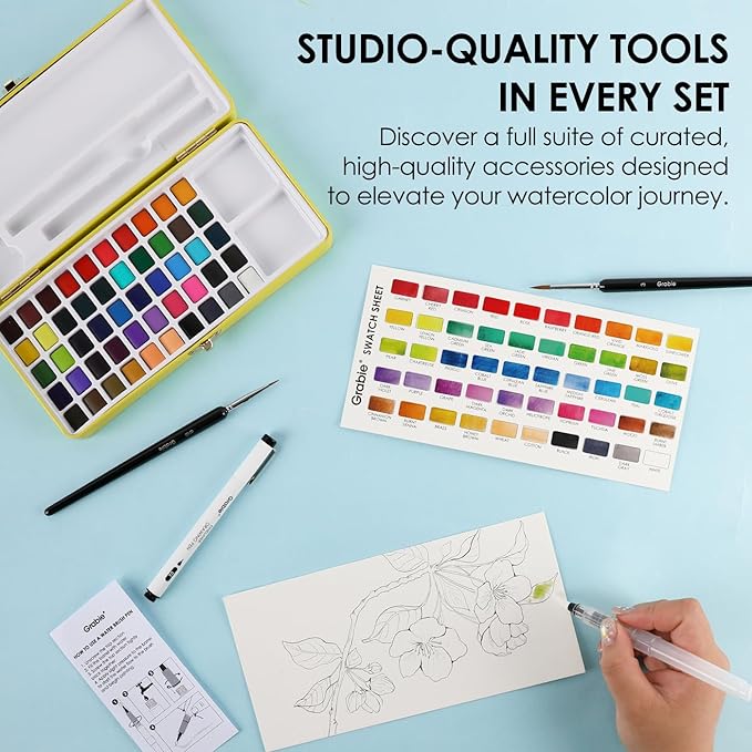 Grabie 100 Colors Premium All-In-One Watercolor Paint Set - 50 Essential, 35 Metallic, 10 Pastels, 5 Neon Hues - Portable Case, Brush Pens, Paper Pad, Waterproof Fineliner Pen, Beginner & Professional