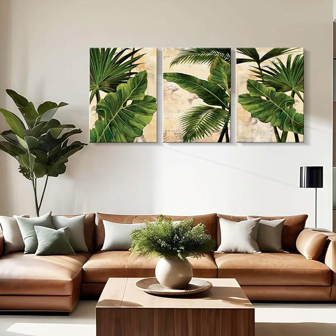 3pcs Framed Palm Leaves Banana Leaf Tropical Plants Wall Art Decor Canvas Print Nature Style Home Greenery Pictures Poster Gallery Bedroom Living Room Studio 12x16 Inch Ready to Hang