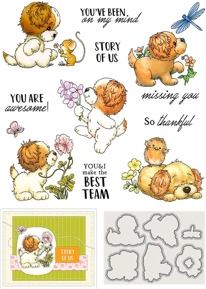 Playing Dog Flowers Stamps and Cutting Dies for Card Making DIY Transparent Silicone Clear Stamp and Metal Die Cuts Sets for Scrapbooking Paper Greeting Cards Decor Seals Craft Supplies