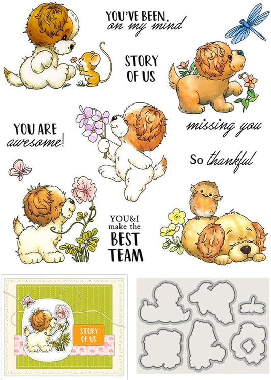 Playing Dog Flowers Stamps and Cutting Dies for Card Making DIY Transparent Silicone Clear Stamp and Metal Die Cuts Sets for Scrapbooking Paper Greeting Cards Decor Seals Craft Supplies