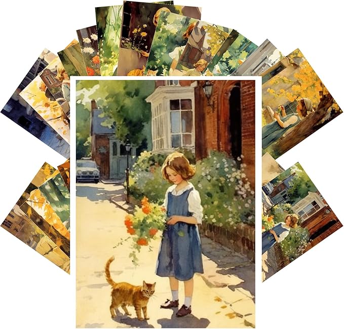 PIXILUV Vintage Postcards (24pcs 4"x6") Cherished Moments in Time: Young Girls and Their Cats Friends Amidst the Rustic Charm of Old Town Streets - A Nostalgic Vintage Postcard Collection