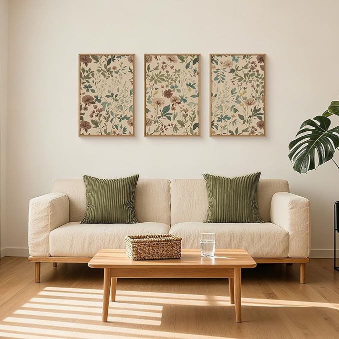 Boho Vibrant Mountain Wildflower Framed Canvas Wall Art Set,Colorful Natural Flower Forest Wall Decor,Modern Pink Floral Botanical Landscape Artwork for Living Room,Office,Farmhouse- 24"x36"x3
