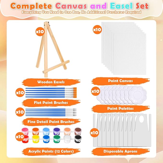 10Pack 8x10 Inch Canvas and Easel Set, Art Canvas Boards Bulk with Easel Stand, Mini Acrylic Paint & Brushes Set, Paint Trays, Sip and Paint Kit for Adults Kids Couples Day Night Paint Party