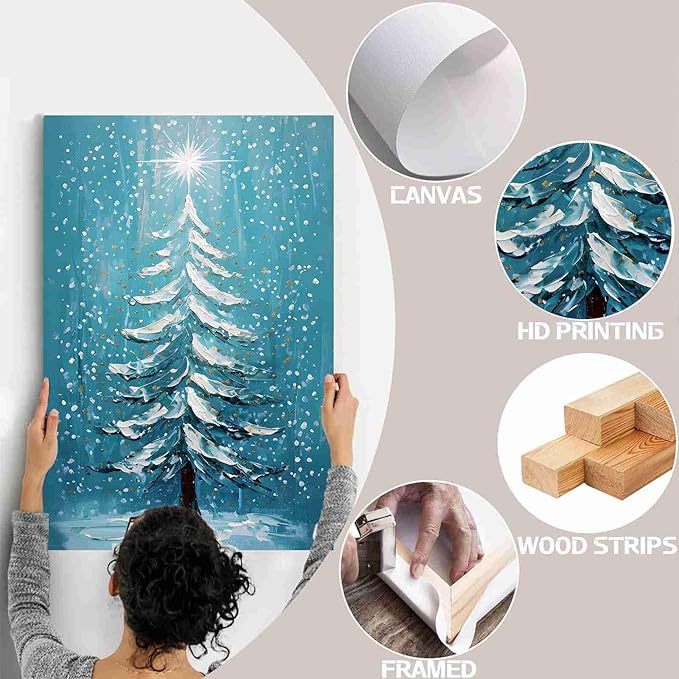 Framed Canvas Wall Art Blue Christmas Tree Print Merry Christmas Wall Decor Holiday Nature Gift Holiday Poster 8x12in Wood Framed