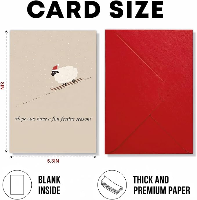 (5.3x8in) Hope Ewe Have a Fun Festive Season Card with Envelope, Cute Sheep Christmas Pun Design, Funny Holiday Greeting for Friends, Family, Coworkers, and Animal Lovers (Xmas 32)