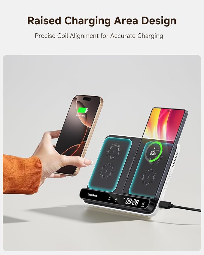 Dual Wireless Charger Stand, SwanScout 504, Foldable Wireless Charging Station Pad for iPhone 17/Air/16/15/ Series, Samsung Galaxy S25/S24/S23, Google Pixel 10/9/8, Android Phones, AirPods/Galaxy Buds