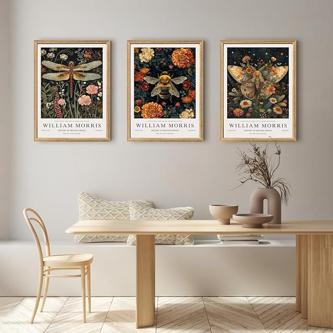 Hianan William Morris Animal Botanical Canvas Wall Art, Vintage Dragonfly Bee Butterfly Poster Prints, Maximalist Nature Flower Aesthetic Pictures for Living Room Bedroom Wood Framed 16"x24"x3