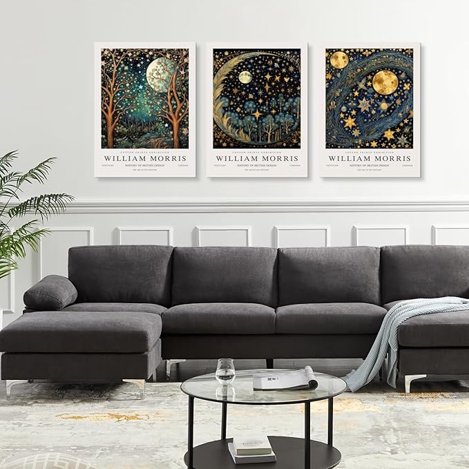 Hianan William Morris Framed Canvas Wall Art, Vintage Gold Moon Stars Poster Prints, Many Dreamlike Stars Wall Decor, Retro Botanical Aesthetic Picture for Bedroom Living Room Office 16"x24"x3