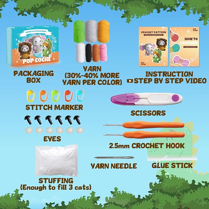 POP COCHE Crochet Kit for Beginners, Crochet Starter Kits for Adults, Amigurumi Craft Knitting Crochet Animal Kit with Step-by-Step Video Tutorials, 3 Grassland Cats (40%+ Yarn)