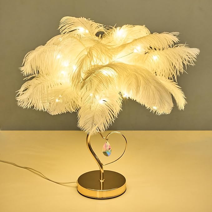 White Ostrich Feather Lamp Princess Fluffy Bedside Lamp Romantic Feather Table Lamp Nightstand Light for Girl Bedroom Wedding Decor Valentine Dating Living Room Hotel Office