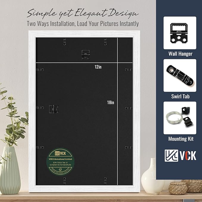 VCK 12x18 Picture Frames White Set of 5, Wide Border Wood, Tempered Glass, Display 11x17 Photo with Mat or 12 x 18 without, for Home, Office, Gallery, Woodgrain Series, Wall Hanging