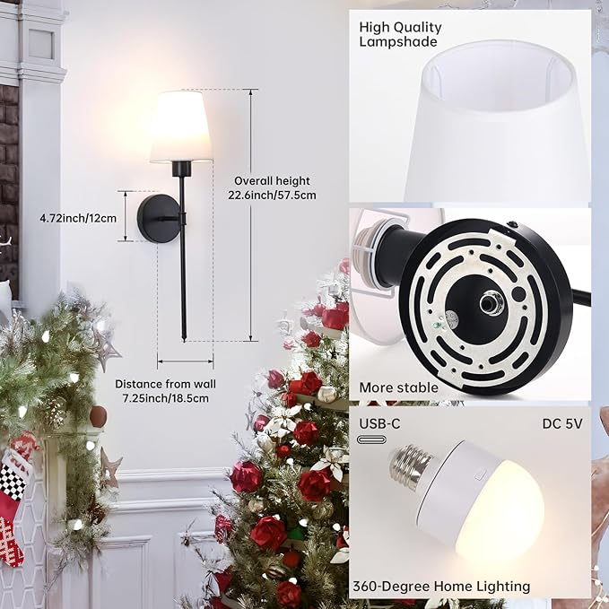 Battery Operated Wall Sconce, 120H Usage Time 22.6" Rechargeable Wall Light with Dimmable Bulb, 12 Colors Wall Sconce for Bedroom Living Room, Black