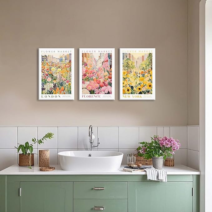 XLARTMY Flower Market Wall Art Print Canvas Framed Yellow Pink Floral Paintings Colorful Botanical Sunflower Artwork Travel Poster for Decor Picture 3 pieces for Living Room Bedroom Bathroom 16x24in
