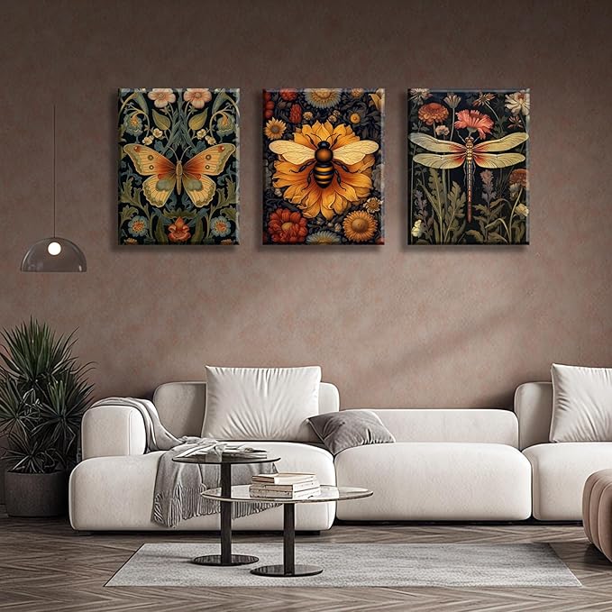 3 PCS William Morris Canvas Wall Art for Home Decor Bee Dragonfly Butterfly Painting Poster William Morris Botanical Insects Pictures Prints Wall Decor for Living Room Bedroom Home Decorations 12×16 in(Stretched Canvas on A Wooden Frame)