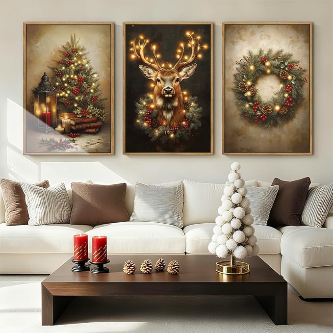 Anyzal Christmas Wall Art Winter Christmas Tree Prints Santa Elk Wall Decor for Living Room Bedroom Dining Room 16x24 Inch