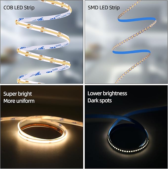LED Strip Lights 24V COB LED Warm 3000K Super Bright LED Strip 16.4ft 5M Dotless High Density Cuttable Flexible for Home DIY COB LED Commercial Lighting Projects (Power Supply & Dimmer Not Included)
