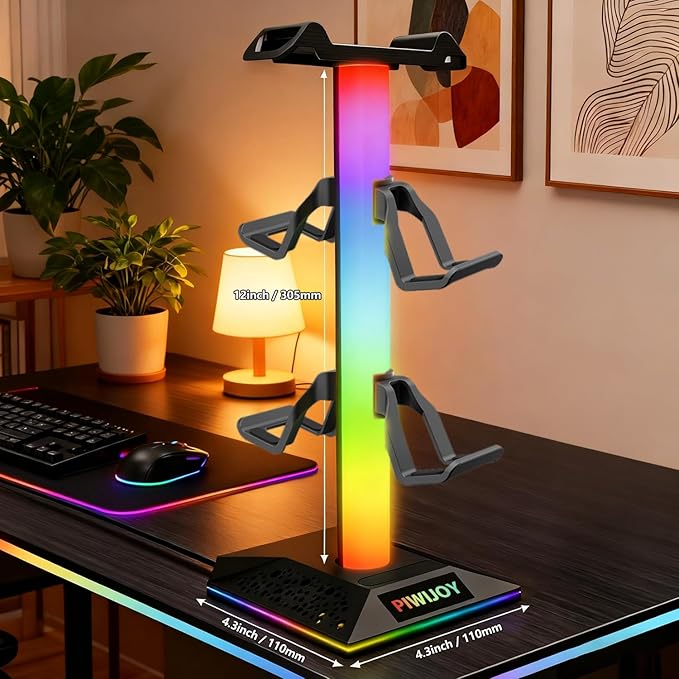 Headset and Controller RGB Stand with 10 Color Lights and Type-C Ports for PS5/PS4/Xbox Controller and Headphonesm, Gaming Desk Organizer Holder Accessories for Gaming Gift