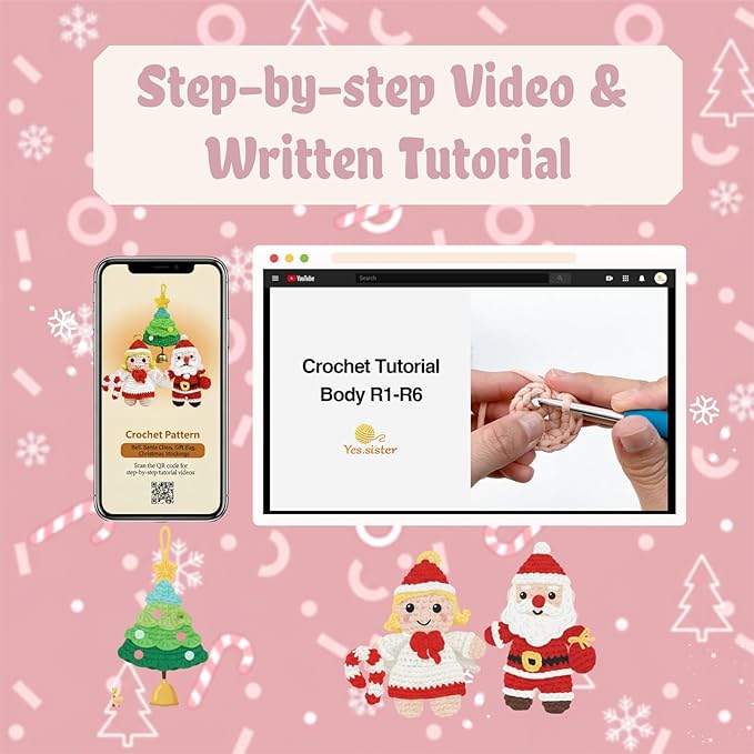 minimal beee Beginner Christmas Crochet Kit - 3-Piece Santa & Mrs. Claus Set, Complete Craft Supplies with Video Tutorials for Christmas Tree Decor.Gift Hobby for Adults