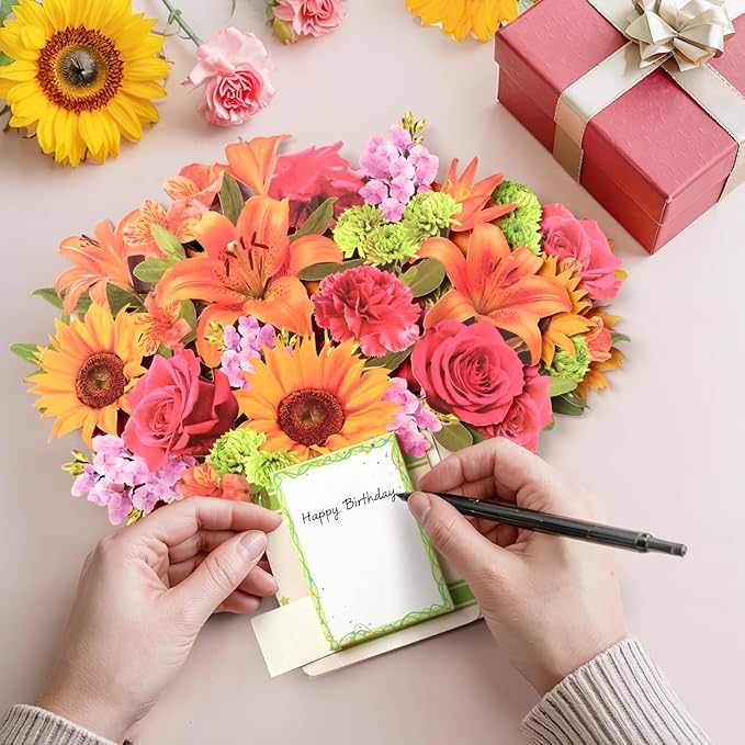 Birthday Cards, Happy Birthday Card for Women, 10Inch Life Sized Forever Sunflower Bouquet with Light and Music, 3D Popup Greeting Card Gift for Women Wife Mom Daughter Sister(Blank Notecard & Envelope)
