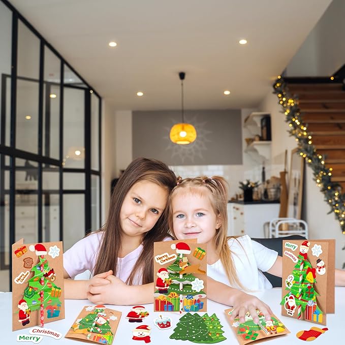 Seagoodbye 28Sets Christmas Crafts Card Making Kit DIY 3D Xmas Trees Greeting Cards Arts and Craft Holiday Party Favors Classroom Activities Supplies