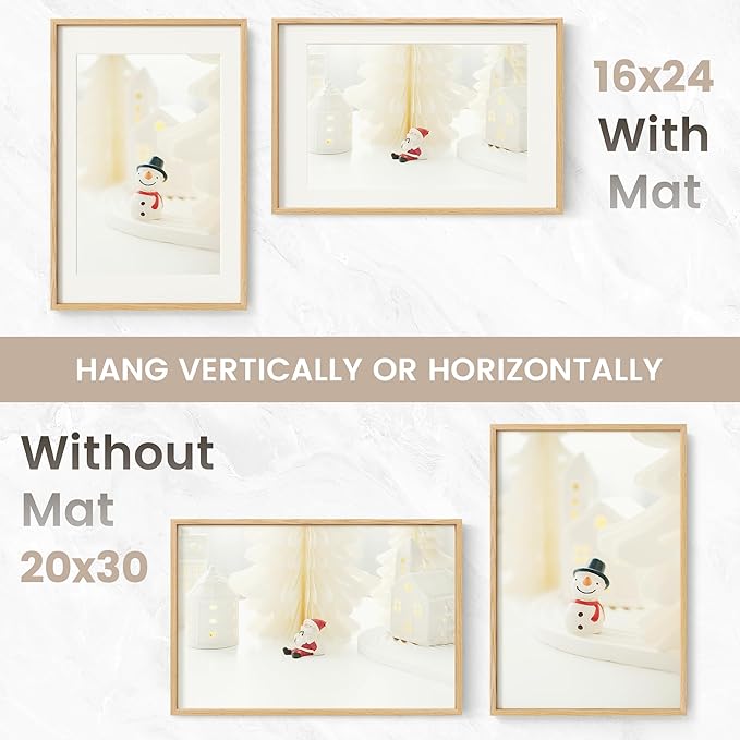 20x30 Poster Frame, USA-Sourced Natural Oak Wood Picture Collage Frame with HD Tempered Glass, Modern Simple 20 x 30 Wooden Photo Frame Matted to 16x24, Vertical & Horizontal Wall Hanging Display