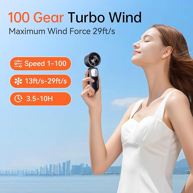3-in-1 Portable Handheld Turbo Fan-100 Speeds, 15000 RPM, 10Hrs Cooling, LED Display, 90° Rotation, USB Rechargeable Battery Powered, Mini Foldable Hand Held Personal Fan for Women Men (Black)