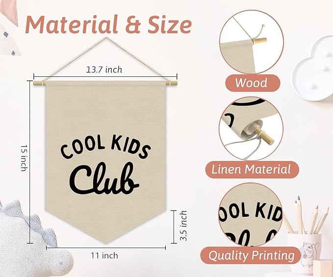 Kids Room Decor, Cool Kids Club Linen Canvas Banner, Neutral Minimalist PlayRoom Wall Hanging Pennant Flag Banner for Nursery Toddler Room Bedroom Decor, 15x11in