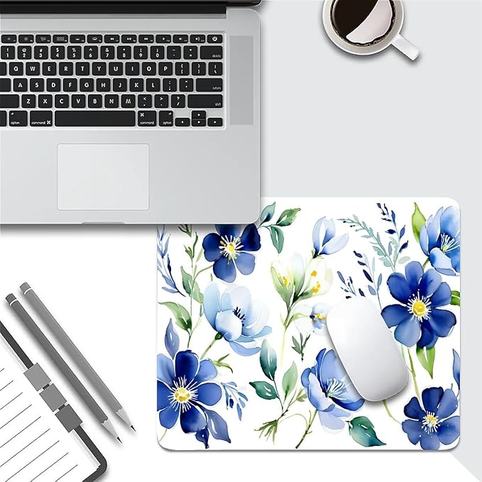 Square Mouse Pad White Blue Flowers 3, Personalized Premium-Textured Custom Mouse Mat Design, Washable Mousepad Cloth, Non-Slip Rubber Base Computer Mouse Pads for Wireless Mouse
