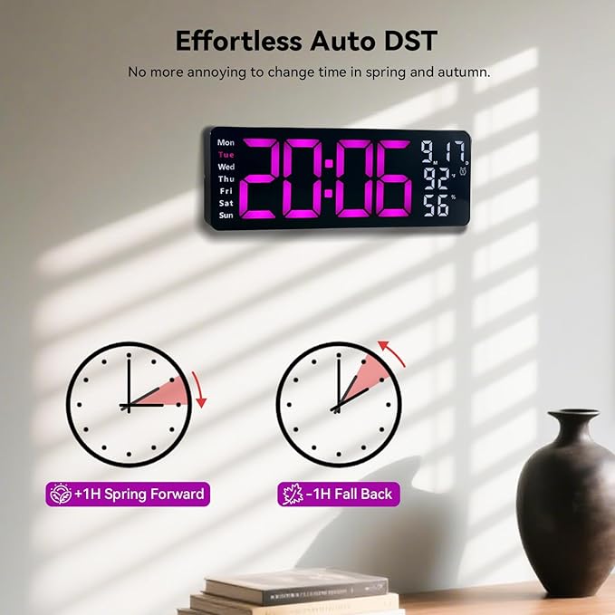 Digital Wall Clock Large Display, 17.3" Digital Clock with RGB Color Remote Control, Auto-Dimming Big Wall Clock with Night Light,Auto DST,Date Week,Temp for Home Decoration, for Elderly (Rose red)