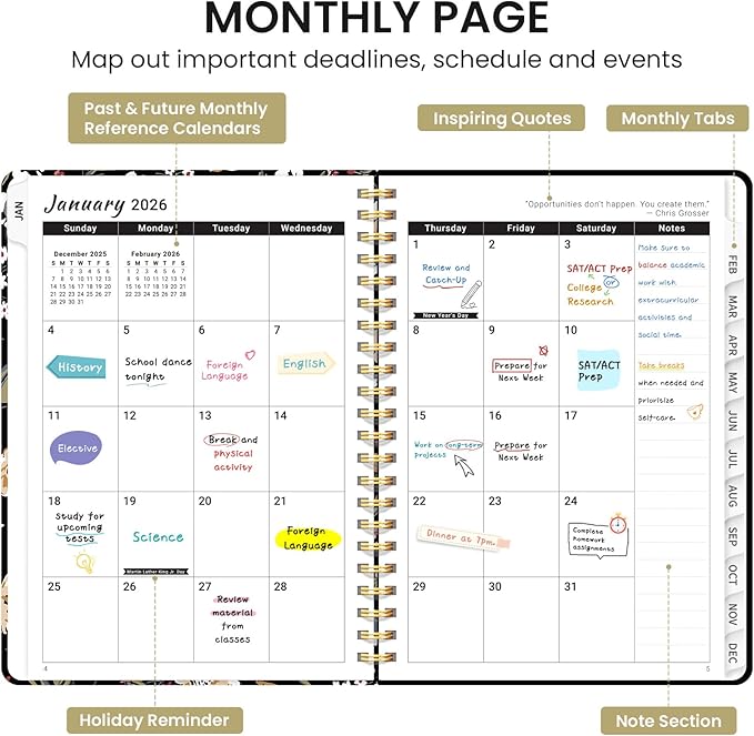 2026 Planner, Weekly and Monthly Calendar Planner for Women, Jan 2026 - Dec 2026, Hardcover Planning Agenda book with Tabs, Spiral Bound, Inner Pocket, Perfect for School Office Supplies, 6.3" x 8.5" - Vintage Blooms