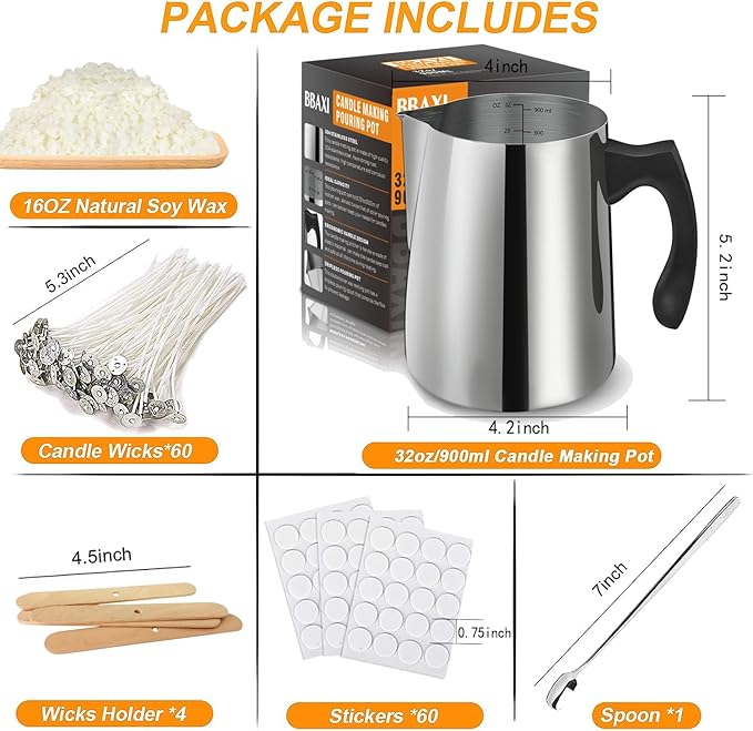 Candle Making Kit - 32oz Pouring Pot, 16oz Soy Wax, Wooden Wick Holders, Candle Wicks, Stickers and Spoon