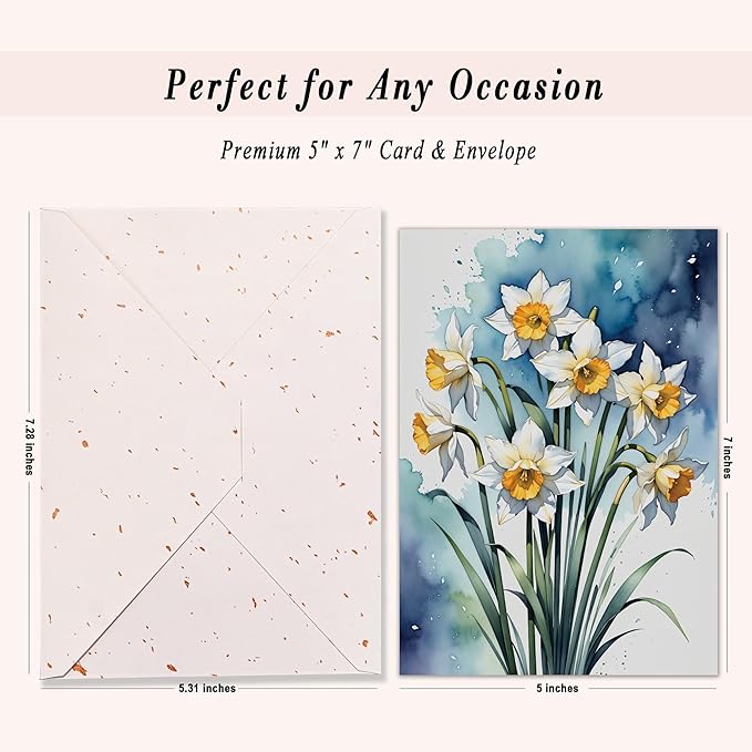 Blank Inside Greeting Card with Envelope, 5x7 Inch Watercolor Daffodil Greeting Card – Birthday, Thank You, Sympathy, All Occasion - Single Card