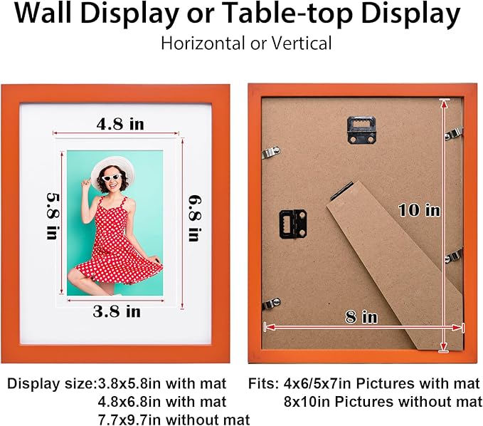 KINLINK 8x10 Picture Frame Orange, Solid Wood Frames with Acrylic Plexiglass for Pictures 4x6/5x7 with Mat or 8x10 without Mat, Tabletop and Wall Display Photo Frame, Set of 4