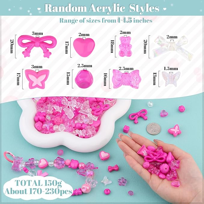200-260PCS TINKRSTUFF Assorted Acrylic Beads Rose Pink Cute Beads for Bracelet Making, Bow Aesthetic GummyBear Flower Butterfly Kawaii Charms for Jewelry Making DIY Necklace Keychain Phone Charm