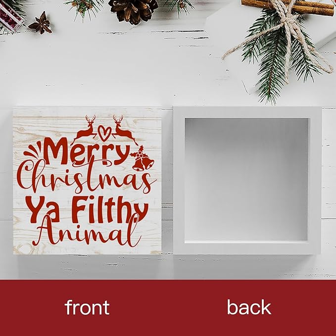 Home Alone Decor Winter Merry Christmas Ya Filthy Animal Tree Wood Box Sign, Farmhouse Christmas Santa Artwork Decor, Wood Square Sign Desk Block Signs Home Shelf Office Decoration 5 x 5 Inches