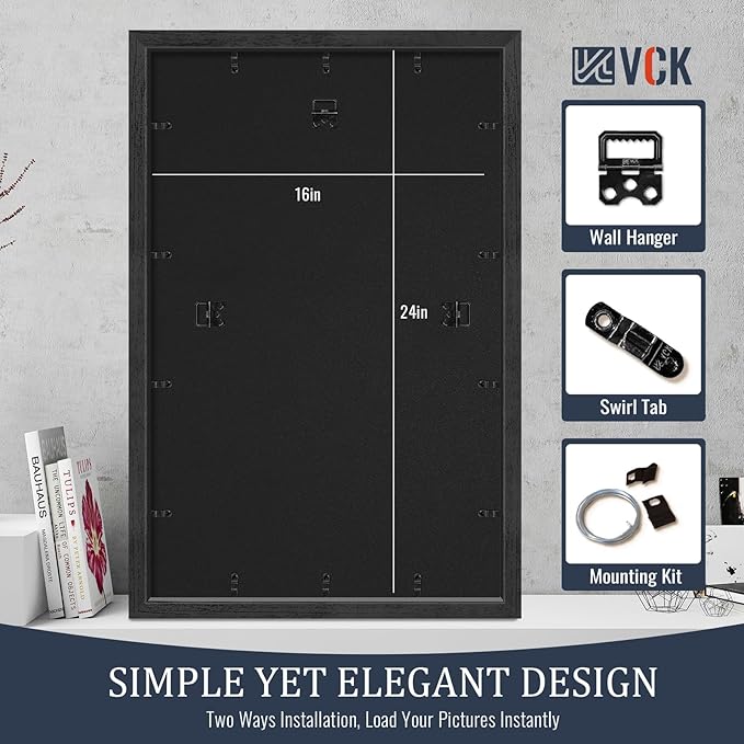 VCK 16x24 Picture Frames Black Set of 5, Wide Border Wood, Display 12x18 Photo with Mat or 16 x 24 without, for Home, Office, Gallery, Woodgrain Series, Wall Hanging