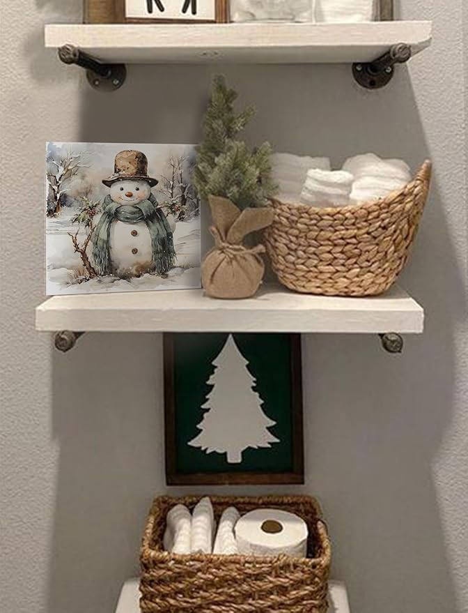 Vintage Snowman Winter Christmas Wooden Box Sign, Snowman Christmas Decorations, Rustic Xmas Winter Snowy Forest Wood Signs for Home Office Desk Shelf Tabletop Decor, 5x5 Inch Decorative Signage