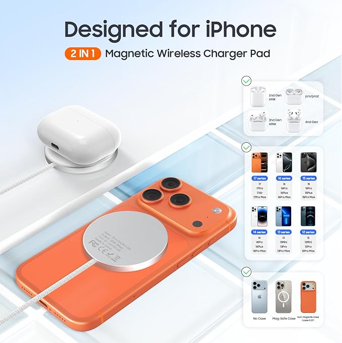 for 20W Mag Safe Charger with 25W PD Adapter - Magnetic Charger for iPhone 17/16/15/14/13/12 Series, iPhone Charging Pad for AirPods 4/3/2/Pro 2/Pro