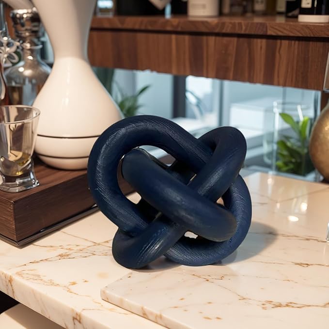 Wood Knot Chain Link Decor - 3 Link Boho Wooden Hand Carved Decorative Wooden Links Knots for Coffee Table Entryway Modern Farmhouse Shelf Decoration (Navy Blue)