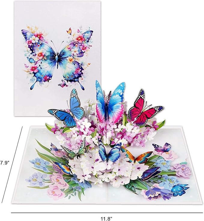 Butterflies with Flowers 3D Pop-Up Greeting Card Handmade Paper Floral Notecard, Pop Up Cards for Birthday, Thank You, Get Well, Anniversary, Valentine, Christmas, Gifts for Women, Mom, Wife