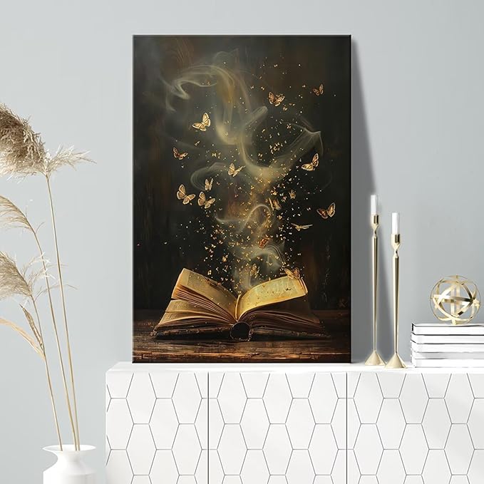 Whimsical Enchanted Open Book Wall Art Vintage Golden Butterflies Aesthetic Poster Print Funny Mystical Smoke Canvas Picture Decor for Office Bedroom Living Room Apartment 16x24inch Framed