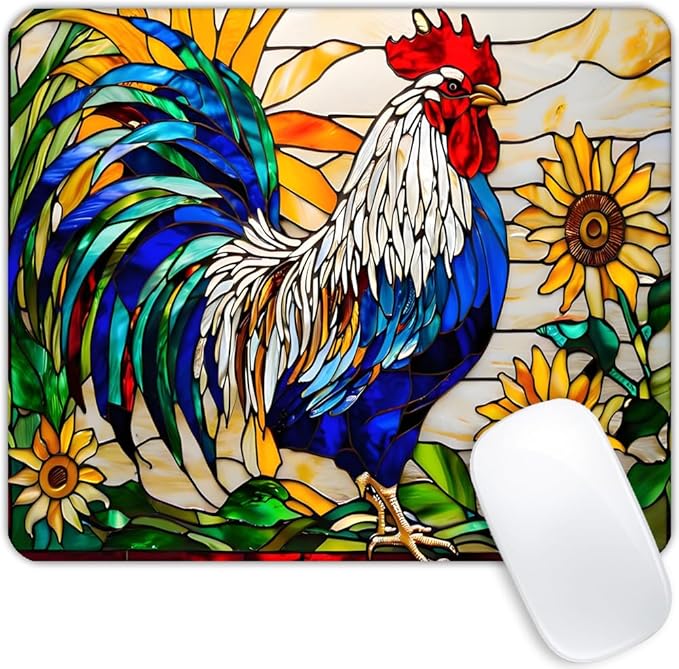 Square Mouse Pad Glass Rooster,Gaming Mouse Pads for Desk,Soft Computer Waterproof Non-Slip Mouse Mat