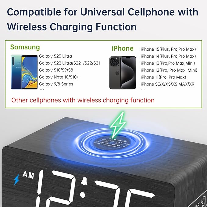 DreamSky Wooden Digital Alarm Clock with Wireless Charging for Bedroom, Bedside Nightstand Clock with Charger Station, USB Port, Large Numbers, Adjustable Volume, Brightness Dimmer, DST
