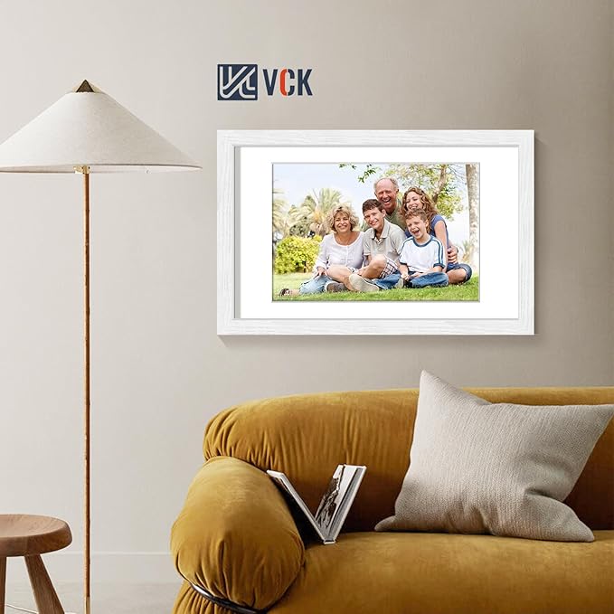 VCK 11x17 Picture Frames White Set of 5, Wide Border Wood, Tempered Glass, Display 8x12 Photo with Mat or 11 x 17 without, for Home, Office, Gallery, Woodgrain Series, Wall Hanging