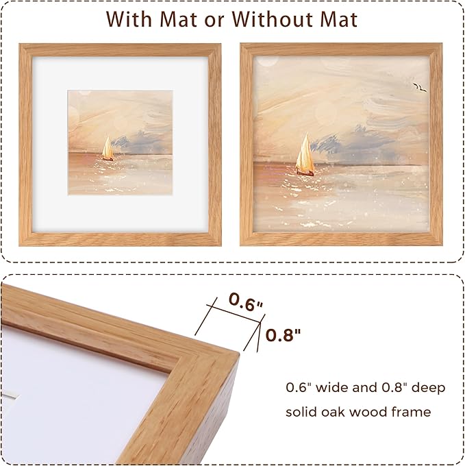 Fun Memories 8x8 Picture Frame, Solid Oak Wood 8 x 8 Picture Frames Matted to 4 x 4,Square 8 x 8 Wood Frame with Tempered Real Glass, Rustic 8x8 Photo Frame for Wall & Tabletop Display