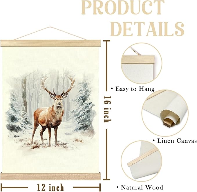 bitCNY 12x16 Inch Deer in Snow Forest Wall Art – Woodland Animal Canvas Poster, Rustic Winter Cabin Decor with Natural Hanger