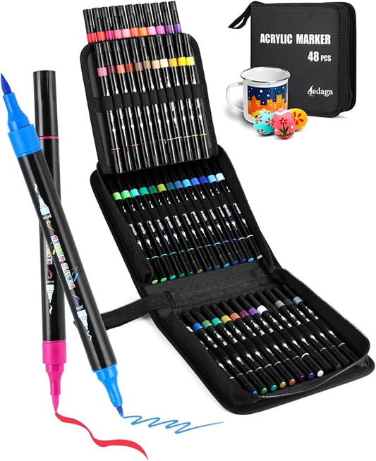 48 Colors Acrylic Paint Markers, Dual Tip Acrylic Paint Pens with Brush Tip and Fine Tip for for Adults, Kids, Eggs, Wood, Rock, Canvas, Plastic, Stone, Glass, Ceramic