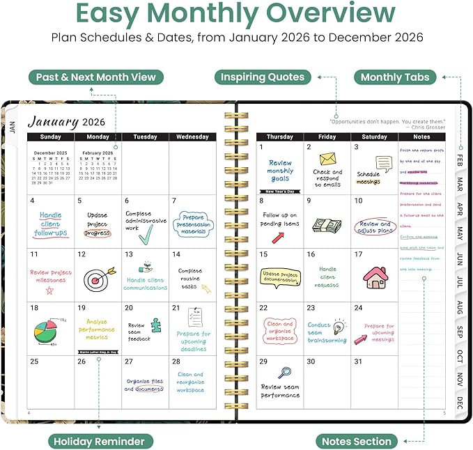 2026 Planner, Weekly and Monthly Planner for Women, January 2026 to December 2026, Pretty Hardcover 2026 Calendar Planner Book with Tabs, Inner Pocket, Spiral Bound, Perfect Office Home School Supplies - 8.5" x 11", Forest Botanica