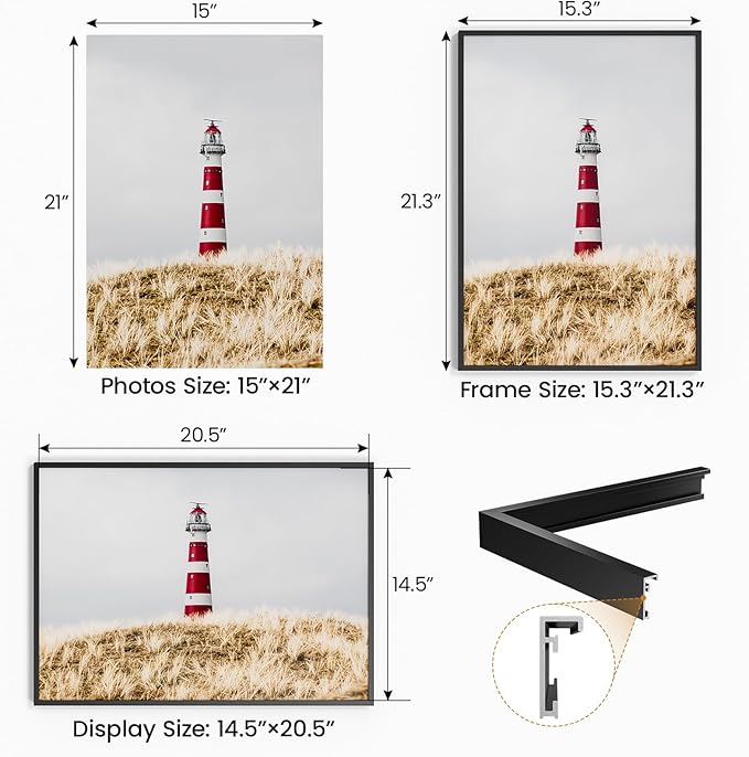 15x21 Aluminum Metal Picture Frame,Tempered Glass Black 15 x 21 Poster Frame for Puzzles Photos or Artwork for Wall Gallery Mount Horizontal or Vertical Decor Home,Office,Hotel